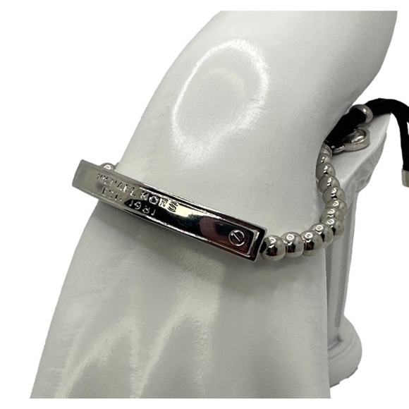 Michael Kors Silver & Black Leather Beaded Tag Bracelet - Picture 2 of 6